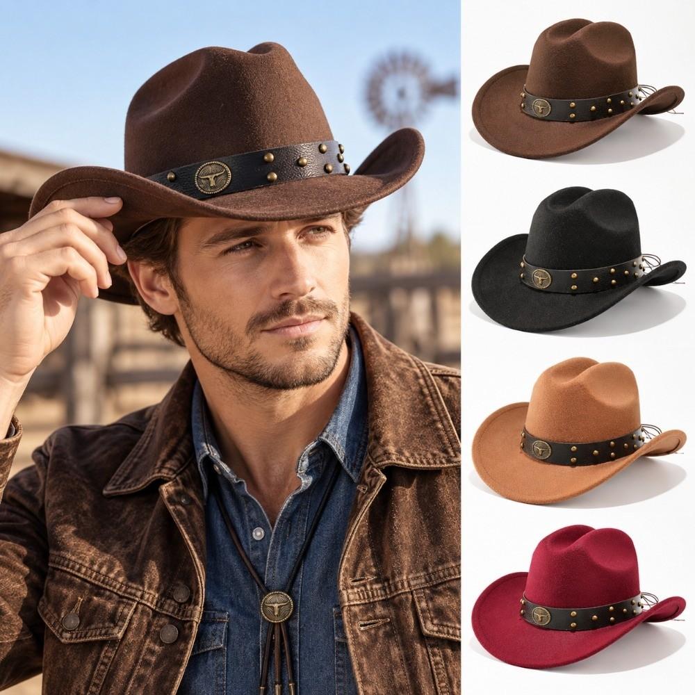 Wide Brim Western Cowboy Hat Bull Head Rivet Faux Suede Hat Sun Protection Hat  For Men Women