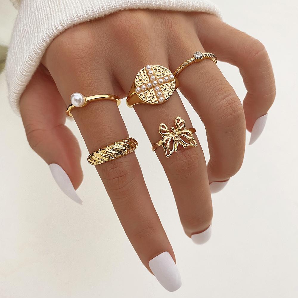 Комплект из 5 предметов, нежное романтическое кольцо с бабочкой, модное жемчужное очарование, темперамент, женское сексуальное кольцо с бабочкой и животным, комплект