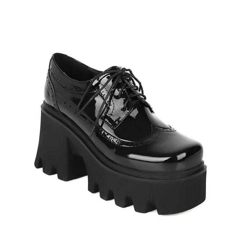 Весенне-осенняя обувь, женские туфли из лакированной кожи на платформе, туфли-лодочки на высокой платформе и толстом каблуке, большой размер 34-43