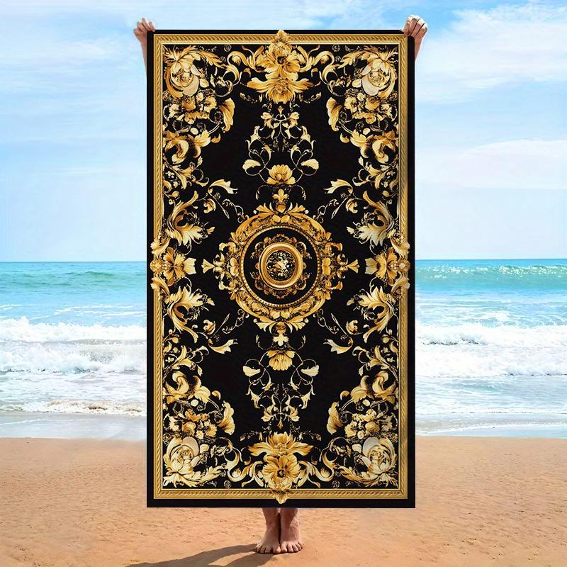 Luxury Black Golden Baroque Medallion Beach Towel, Oversized Soft Microfiber for Swimming Travel Camping