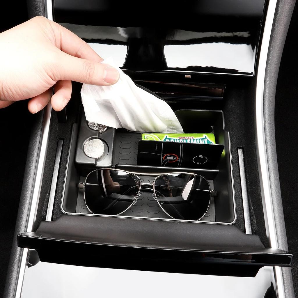 For Tesla Model 3 Storage Box Car Central Armrest Flocking/ABS Storage Box Organizer Model3 2022 Hub Cover Bag Accessories