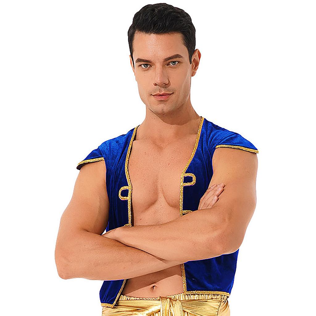 Mens Arabian Prince Costume Cap Sleeve V Neckline Braided Trimming Vest Waistcoat Halloween Cosplay Dress Up