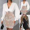 2024 Women Dress Sequin Deep V Neck Patchwork Long Sleeve High Waist Sheath Slim Fit Color Matching Commute Club Party Mini Dress