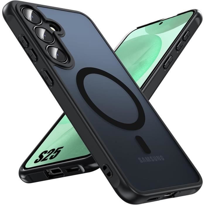 Coque avec Cercle Magnétique pour Samsung Galaxy S25, Protection Silicone et PC + Vitre Caméra Intégrée - Noir