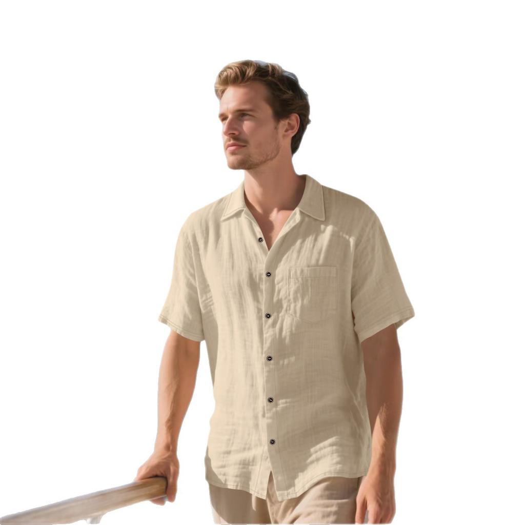 Men’s linen short-sleeved shirt – casual, breathable button-up shirt for holidays, the beach and summer, with pockets