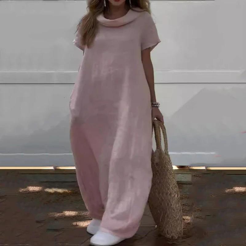 Женские летние повседневные универсальные свободные многослойные длинные платья с коротким рукавом и воротником