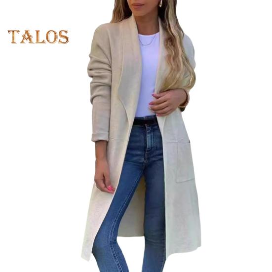 Женская шерстяная куртка с отложным воротником, однотонное трикотажное пальто средней длины, с длинными рукавами, для поездок на работу, свиданий, весна, осень, зима, пальто