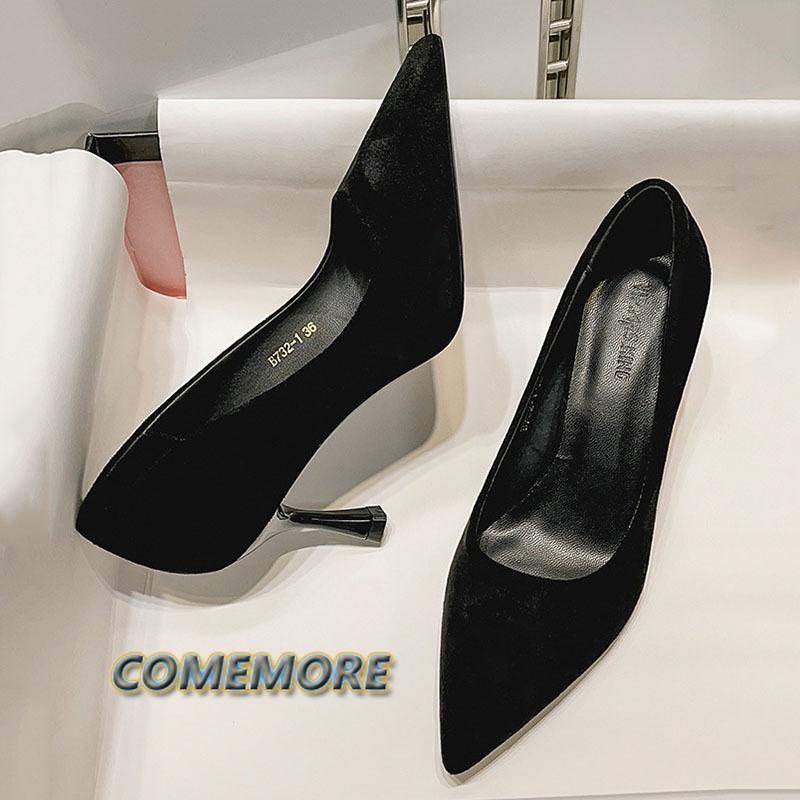 2024 Поступление Корейские Лаконичные Острые Носки Офисные Туфли Женские Модные Классические Черные Однотонные Туфли Из Флока На Высоком Каблуке Для Женщин
