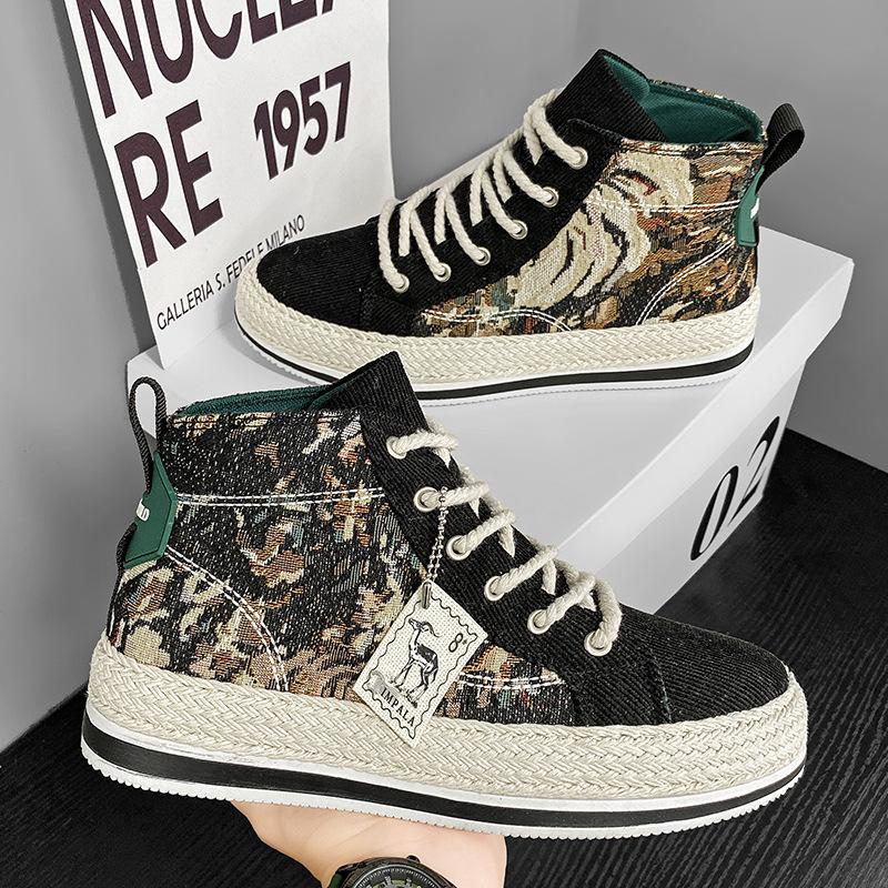 Мода 2024 года, осень, горячая повседневная обувь с толстой подошвой, модные уличные туфли с высоким верхом, дышащая парусиновая обувь, нескользящие кроссовки для мужчин