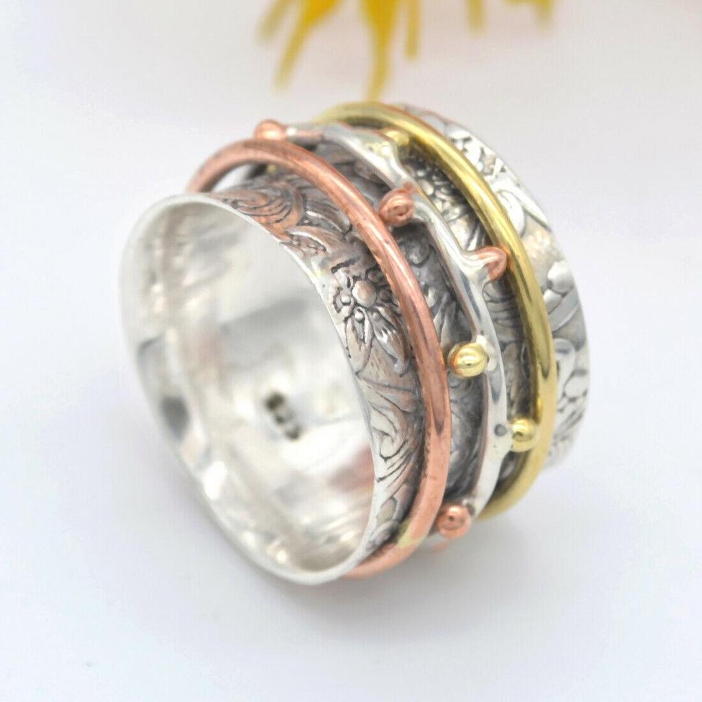 Кольцо Meditation Three Tone Spinner Band Ring Стерлинговое серебро 925 пробы Ювелирные изделия ручной работы