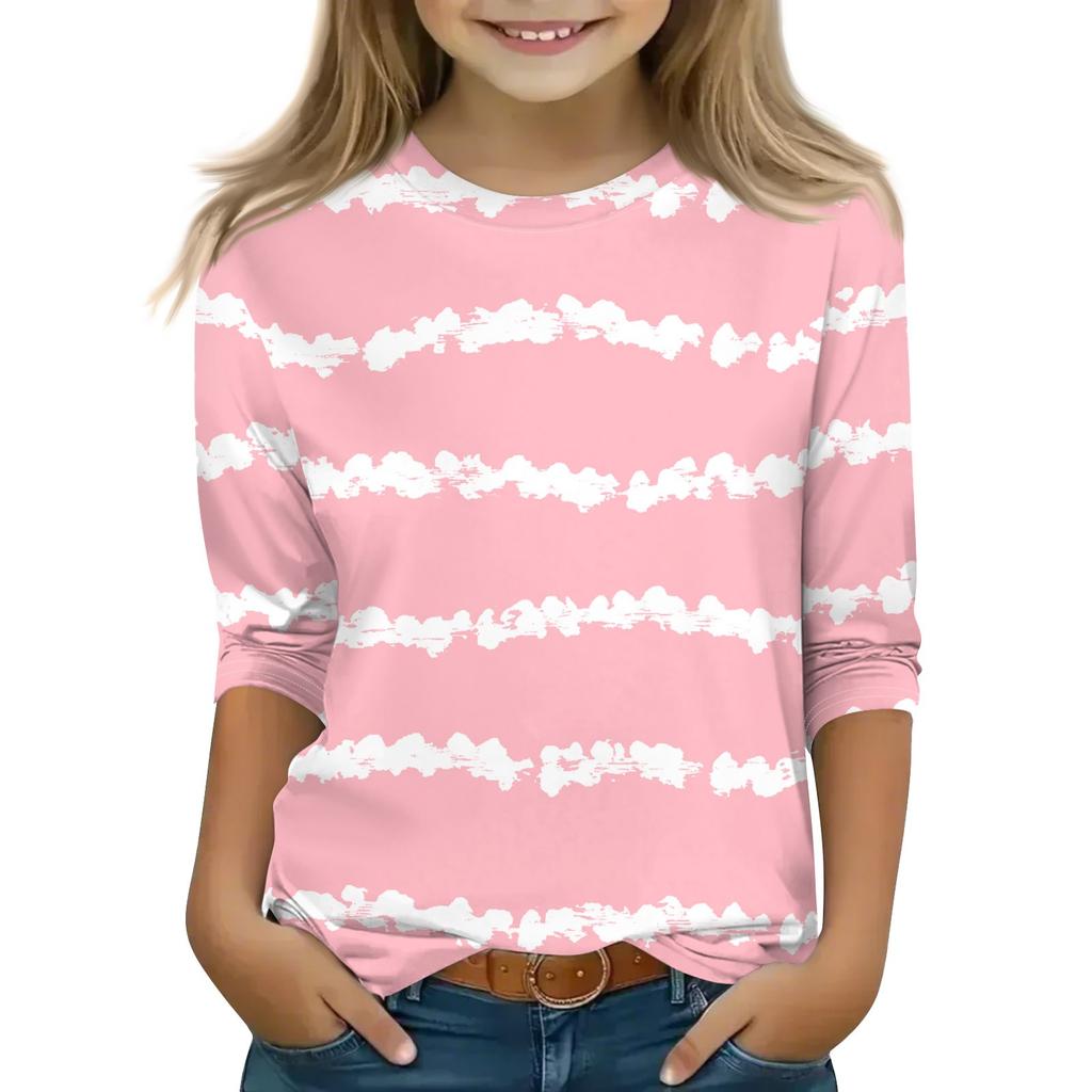 Print Tops For Youth Girls 5-16 Years Round Neck 3/4 Sleeves T-Shirts Trendy Tops Outfit Tees