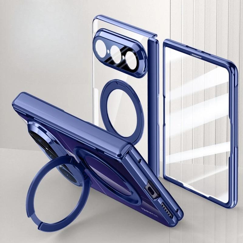 Glossy Transparent Hard PC Hinge Cover for Huawei Pura X Max Magnetic 360 Ring Holder Bracket Case 9H HD Glass Screen Protector
