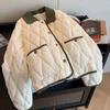 2023 Korean Color Block Diamond Pattern Short Cotton Padded Winter Jacket with Turn-Down Collar