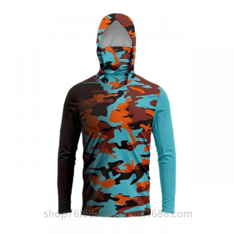 Mens Ice Silk Long Sleeve Fishing Shirt With Integrated Camo Face Cover Hood UPF50 Sun Protection Lightweight Quick Dry