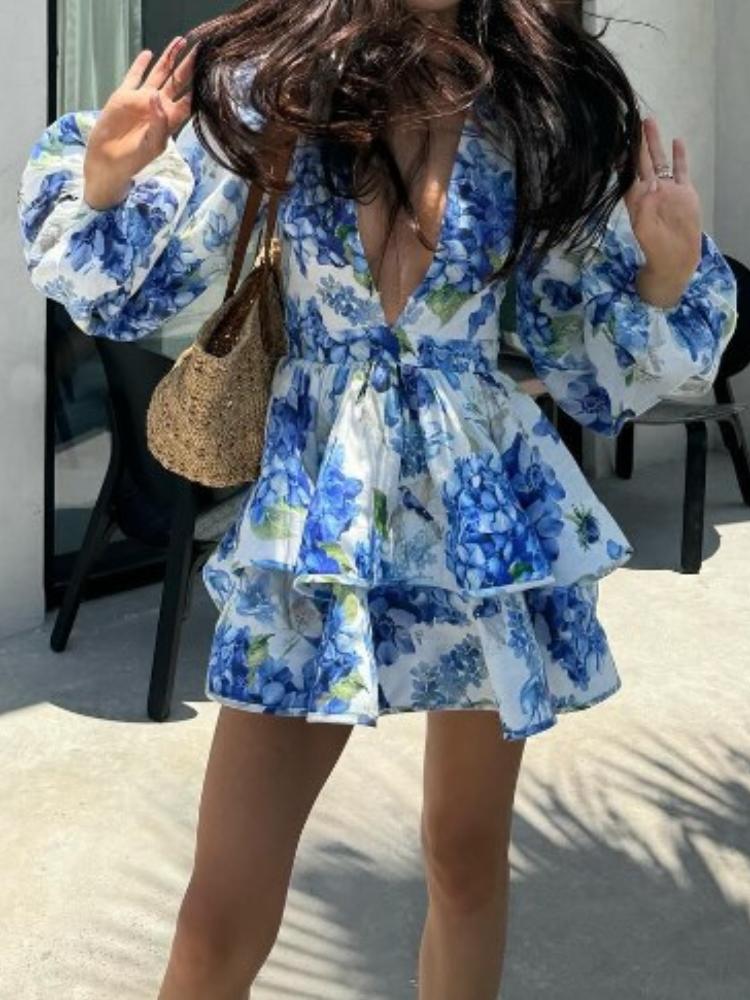 Summer Fashion Elegant Sexy Mini Dress Women Retro Print Floral Flower V Neck Party Dresses France Chic New Design Vintage Aesthetic Clothes