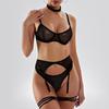 European and American sexy lingerie solid color ultra-thin mesh see-through temptation big chest small thong five-piece set