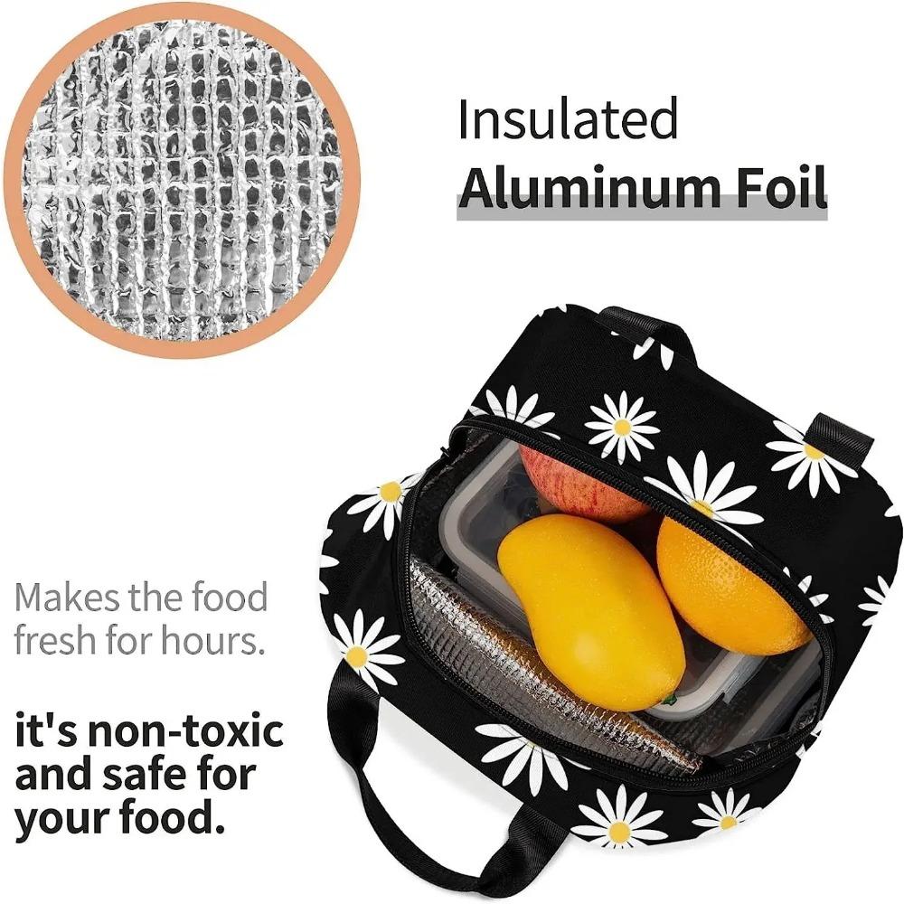 Черная сумка для ланча с цветком ромашки, маленькая термоизолированная коробка для ланча с передним карманом, кавайные сумки для ланча для девочек и мальчиков, замораживаемая коробка бенто