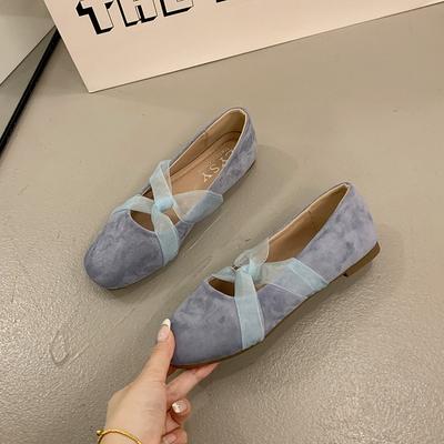Женская обувь на плоской подошве, нежный ветер, вечерняя обувь, шнуровка, перекрестный ремешок, неглубокий вырез, квадратный носок, замша, универсальная, для通勤, балетки, одинарные