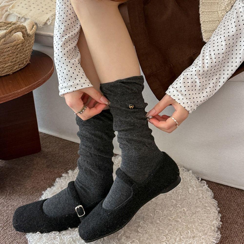 Cotton Blend Mid-calf Knit Socks Bow Button Ballet Winter Socks for Winter Warmth