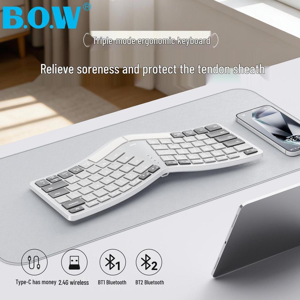 BOW Hangshi HD429CL Трехрежимная эргономичная клавиатура: Проводной, Беспроводной, Bluetooth, Перезаряжаемый, Бесшумный, Совместимый с USB.