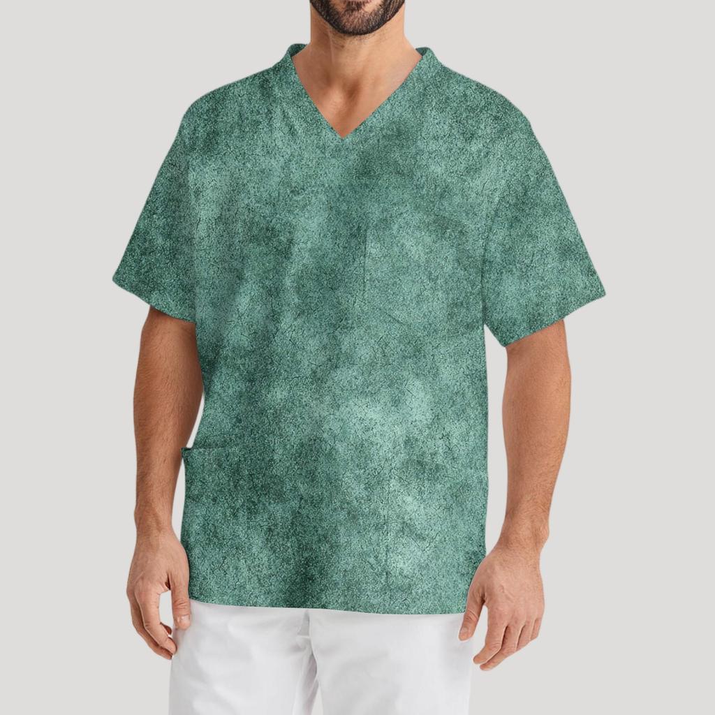 Мужская рабочая блузка с короткими рукавами и v-образным вырезом с принтом, топ с нагрудным карманом