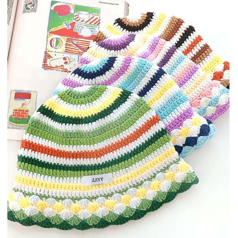 Fashion Dopamine Color Matching Striped Knitted Women's Cap Autumn and Winter Warm Casual Versatile Show Face Small Bucket Hat