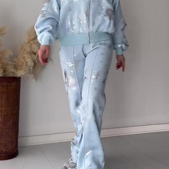 2 шт./компл. женский костюм с воротником-стойкой на молнии с длинными рукавами эластичные манжеты с блестками пальто с эластичной резинкой на талии толстые широкие брюки осенне-зимний спортивный костюм