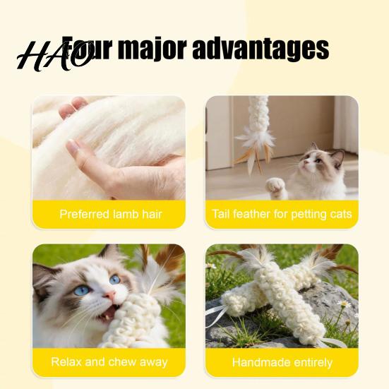 Handmade Feather Cat Wand Wool Tempura Toy, Interactive Toy with Feathers, Kitten Portable Hanging Exercise Toys Kicker Enrichment for Indoor