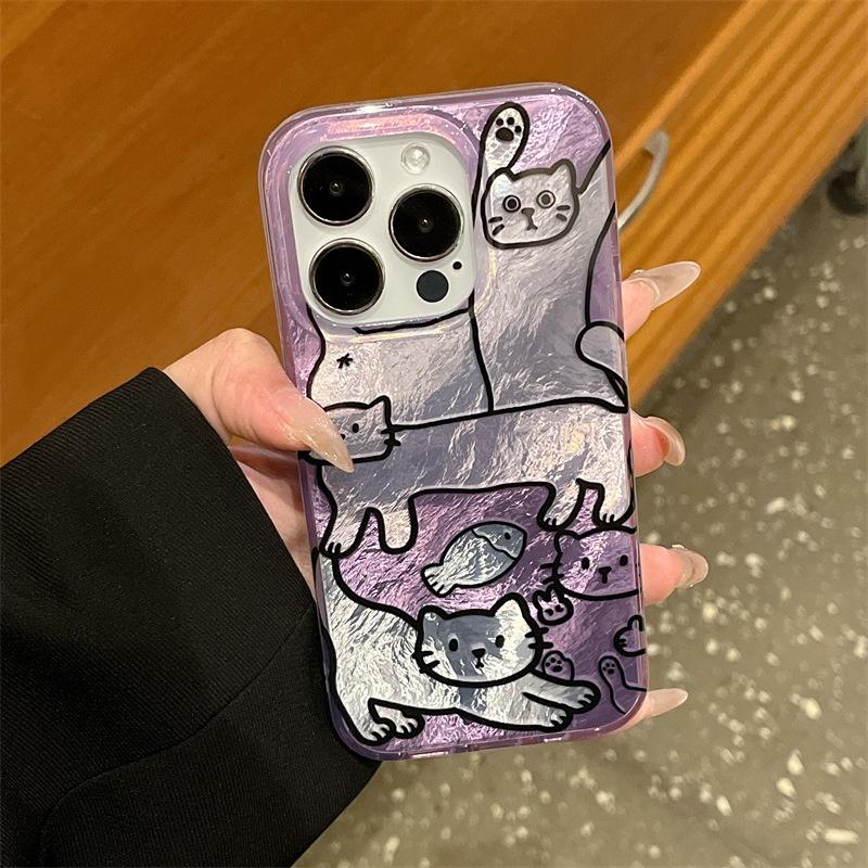 Перфорированный чехол-ракушка Vortex IND Фиолетовая Рыбка Кошка для iPhone 17 16 15 14 13 12 11 Pro Max X 7 8 Plus Ударопрочный прозрачный чехол