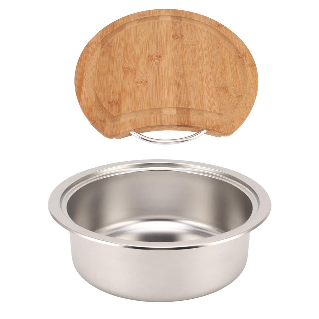 360x120mm 14.17x4.72in RV 304 Stainless Steel Sink Round Hand Wash Basin Sink with Bamboo Chopping Block for Boat