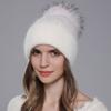 New Natural Raccoon Fur Pompom Knit Hat For Women Warm Angora Rabbit Bonnet Women's Winter Fleece Hats Casual Female Caps