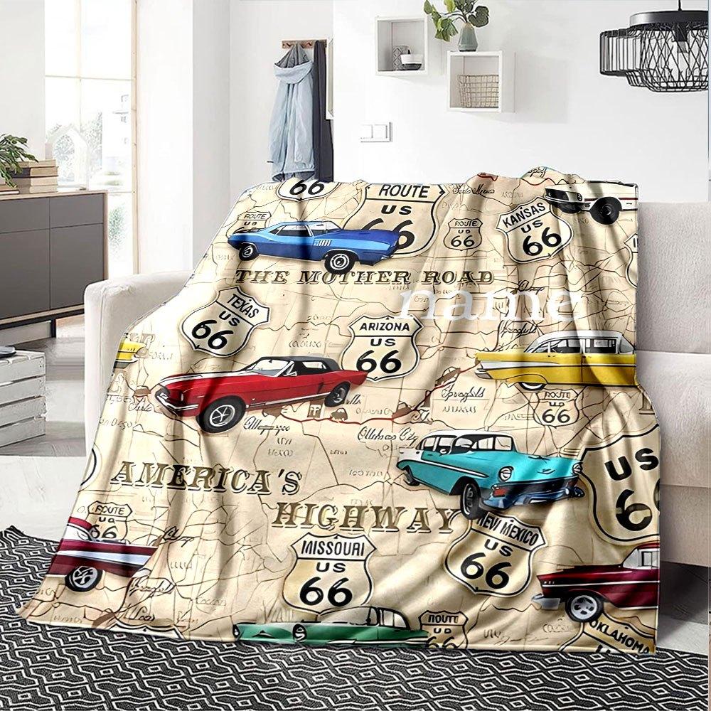 Route 66 Classic Cars Throw Customizable Blanket Personalized Text Soft Cozy For Sofa Couch Office Bed Picnics Ideal For All Seasons Cozy Home Lovers