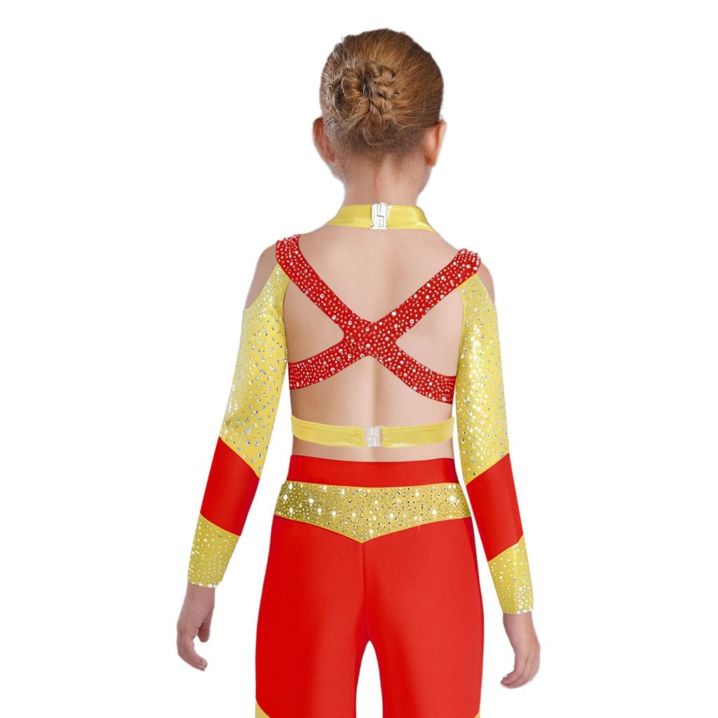 Girls Gymnastics Dance Top Long Sleeve Shiny Rhinestone Color Block Cross Back Cutout Crop Top