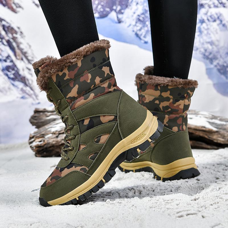 Army Green Camo High-Top Fleece-Lined Snow Boots for Men – Plus Size, Thick-Soled, Warm Winter Footwear
