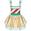 Girls Christmas Jumpsuit Striped Design Rhinestone Bow Adorned Ruffle Skirt Shorts Bodysuit Cosplay Costume