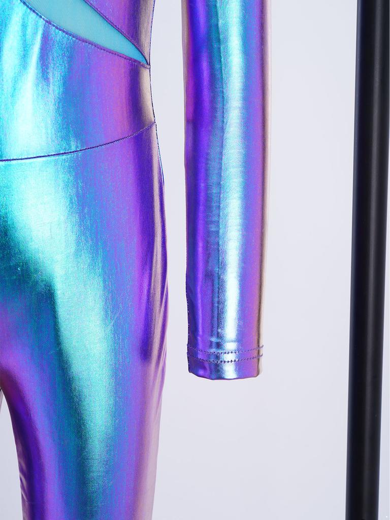 Девочки Сценический комбинезон: Асимметричный металлический боди с воротником-стойкой, сетчатой вставкой на спине, скрытой молнией, одежда для танцев