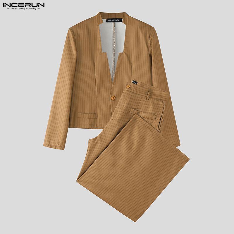 INCERUN Men Striped Sets Cutout Cropped Tops and Long Pants Trousers Casual Suits