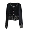 High-End French-Style White Knitted Cardigan with Bead and Rhinestone Detailing