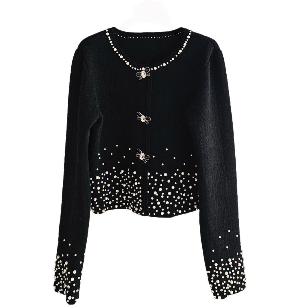 High-End French-Style White Knitted Cardigan with Bead and Rhinestone Detailing