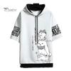Men Summer Hoodie Cartoon Cat Letter Print T-shirt Hooded Drawstring Short Sleeve Pullover Tops