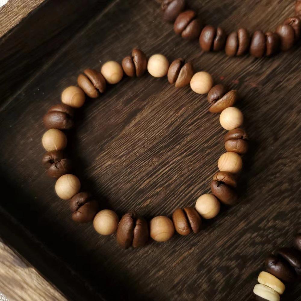 Handmade Natural Real Coffee Bean Bracelet Elastic Sandalwood Coconut Chip Wood Splicing Woven Jewelry Bracelet for Women