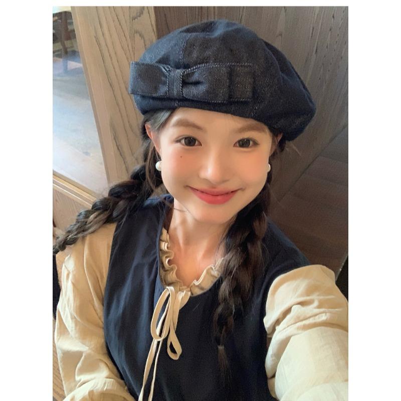 Women S Denim Beret With Double Bowknot Large Head Size Painter Hat