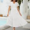 Women's Bohemian Polka Dot Dress Wrap V Neck Short Sleeve Solid Color Tie A-Line Layered Flowy Long Dresses