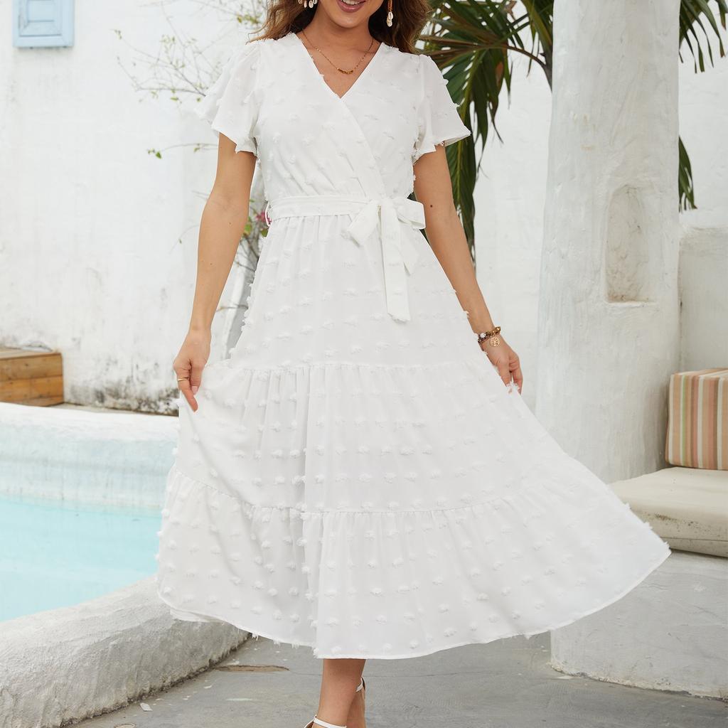 Women's Bohemian Polka Dot Dress Wrap V Neck Short Sleeve Solid Color Tie A-Line Layered Flowy Long Dresses