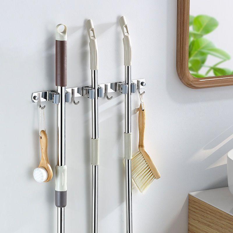 Stainless Steel Mop Rack Without Punching Mop Clip Broom Hook Bathroom Wall Hanging Floor Mop Thickened Storage Rack Wall Shelf
