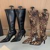 Сапоги Женские Леопардовые Длинные Сапоги Сексуальная Обувь Женская Высокие Каблуки Осенние Сапоги До Колена Кожаные Ковбойские Женские Сапоги Женские 2025