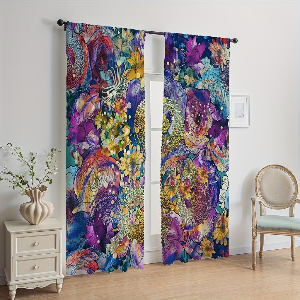 2pcs Sunflower Pattern Curtains, Rod Pocket Decorative Window Drapes Window Treatments For Bedroom Living Room Home Decoration