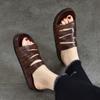 Johnature Retro Roman Slippers Women's Flat Bottom Genuine Leather Versatile Outgoing Slippers