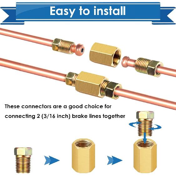 12Pieces 3/8 Inch-24 Threads Brake Line Fittings Kit 3/16 Brake Line Fittings for 3/16 Inch Tube (4 Unions, 8 Nuts)
