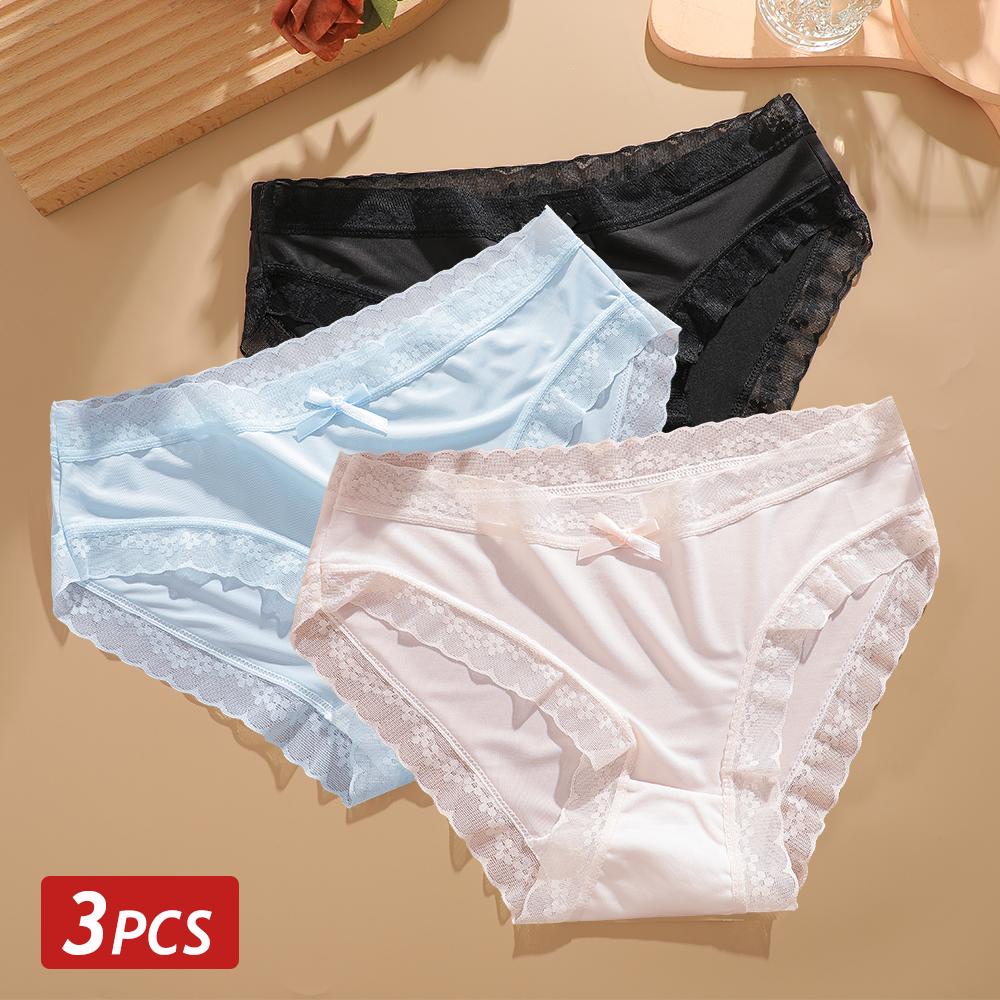 3PCS/Set Seamless Panties Ice Silk Lace Perspective Briefs Ultra Thin Breathable Underwear Cool Summer Female Sexy Lingerie
